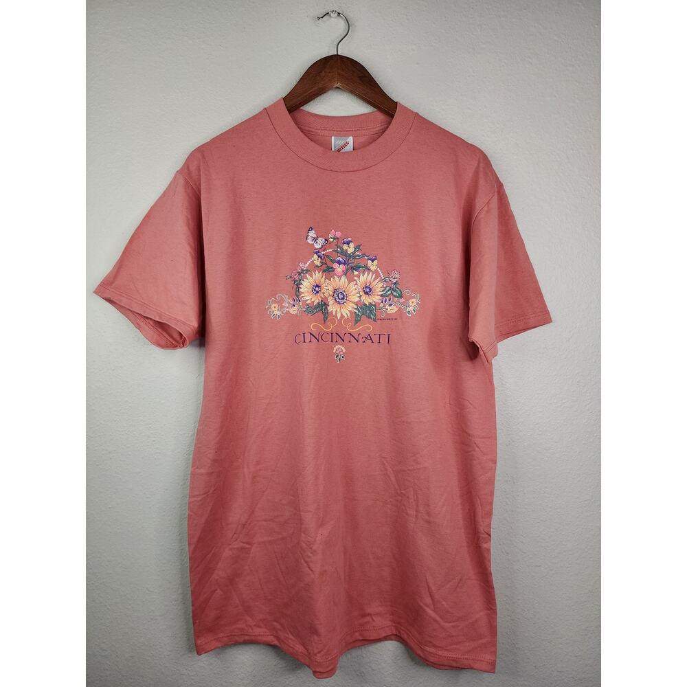 Vintage Cincinnati Shirt Floral Graphic T-Shirt Pink Flower Butterfly 90s Tee L